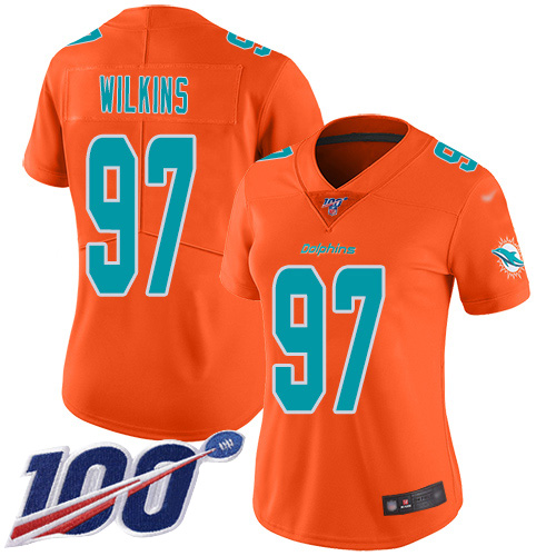 Nike Miami Dolphins #97 Christian Wilkins Orange Women Stitched NFL Limited Inverted Legend 100th Season Jersey->women nfl jersey->Women Jersey